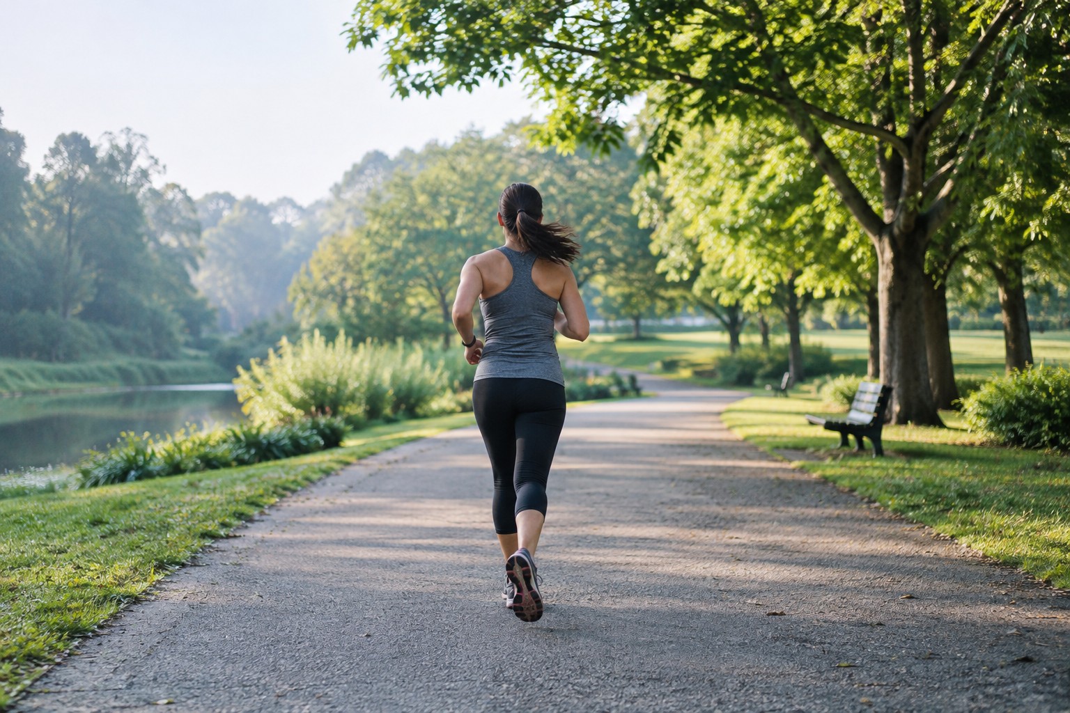 Persona corriendo en un parque de espaldas; imagen ilustrativa generada con IA.