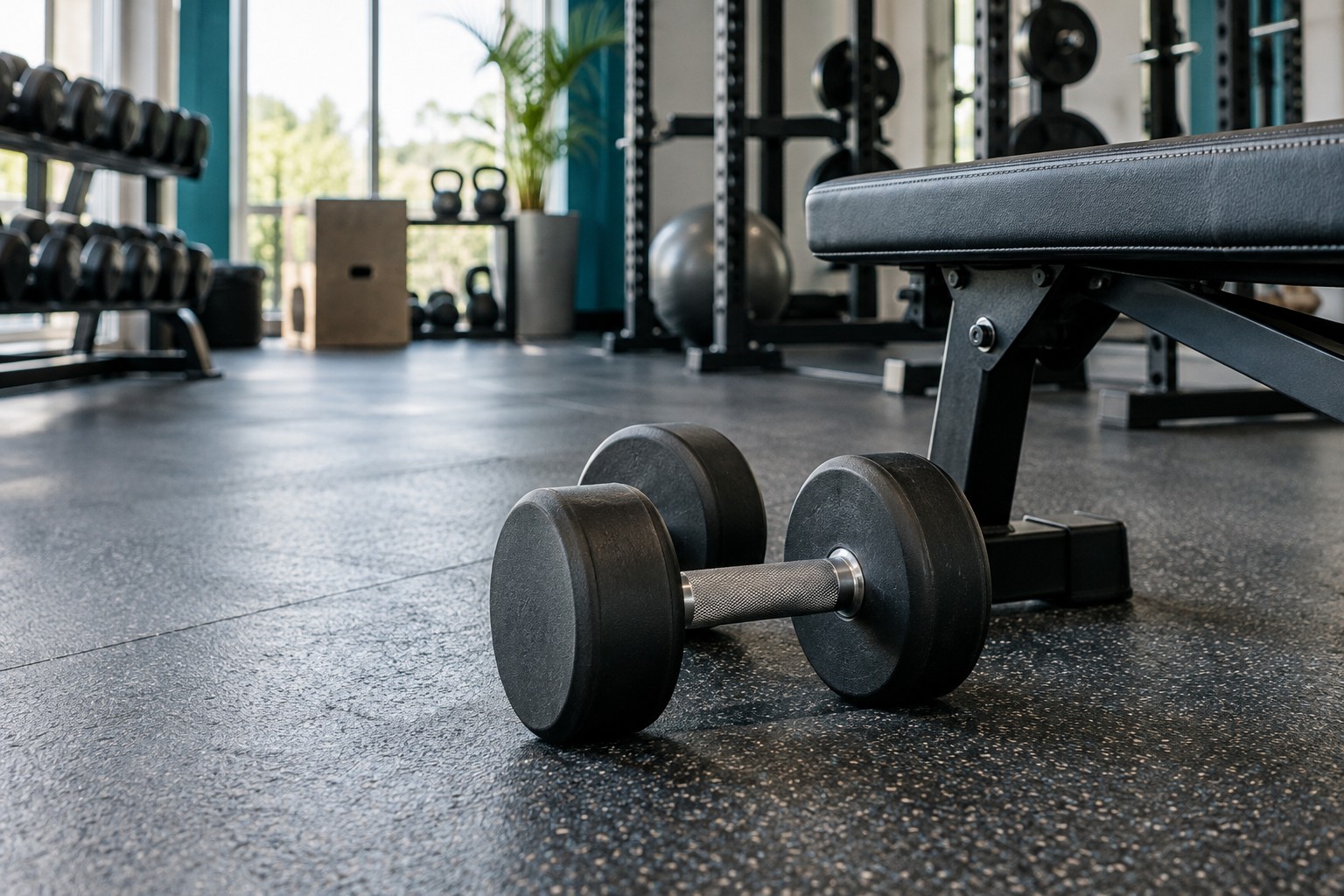 Mancuernas junto a un banco en un gimnasio; imagen ilustrativa generada con IA.