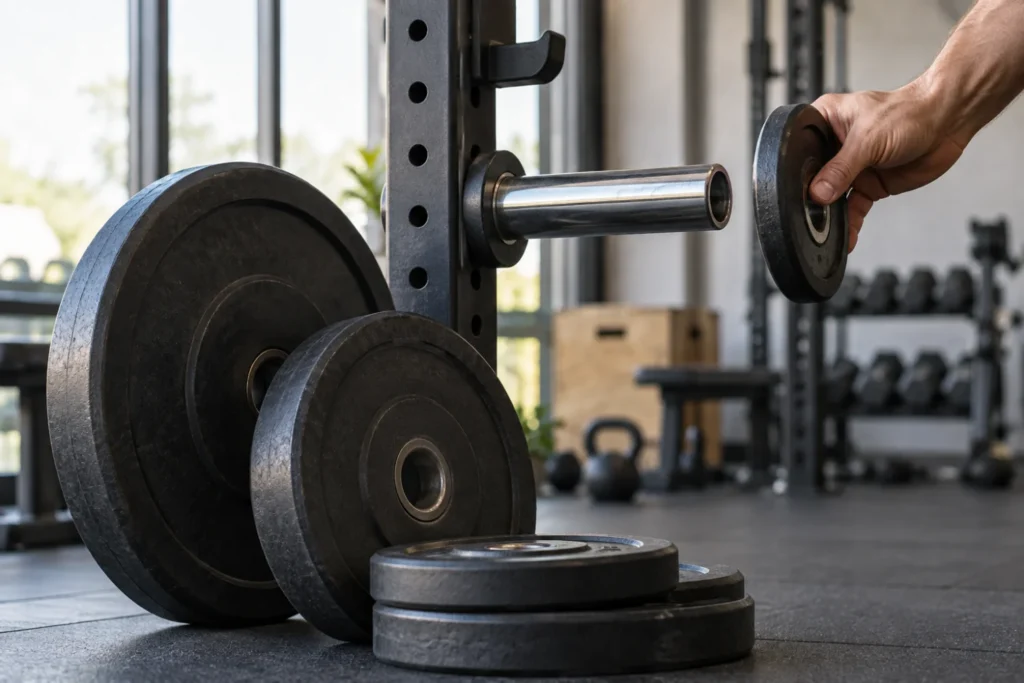 Discos de diferentes tamaños y una mano sosteniendo un disco pequeño en un gimnasio