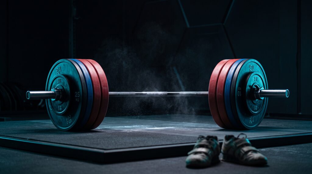 Barra olímpica cargada con discos en un gimnasio oscuro