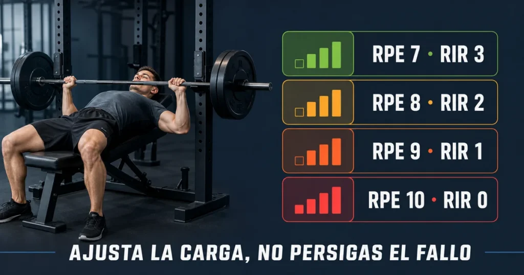 Tabla visual que relaciona RPE 7 a 10 con RIR 3 a 0 durante el press de banca