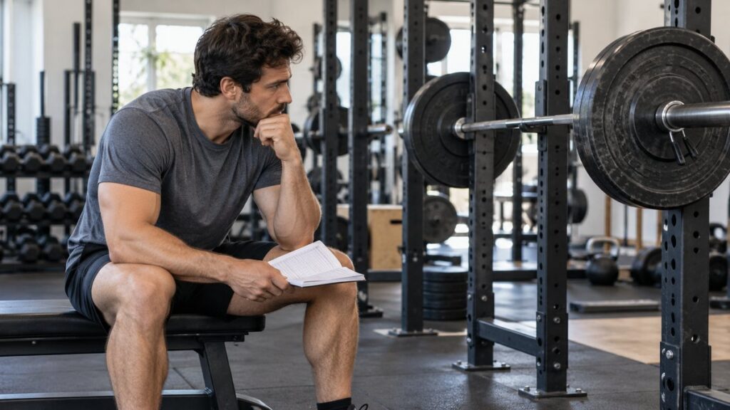 Hombre sentado revisa una libreta junto a una barra apoyada en un soporte de gimnasio.