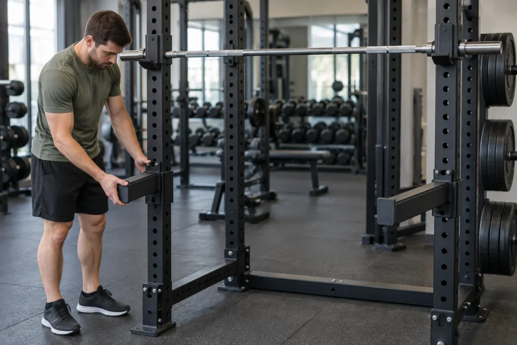 Persona junto a una jaula y una barra vacía, en una escena editorial de gimnasio