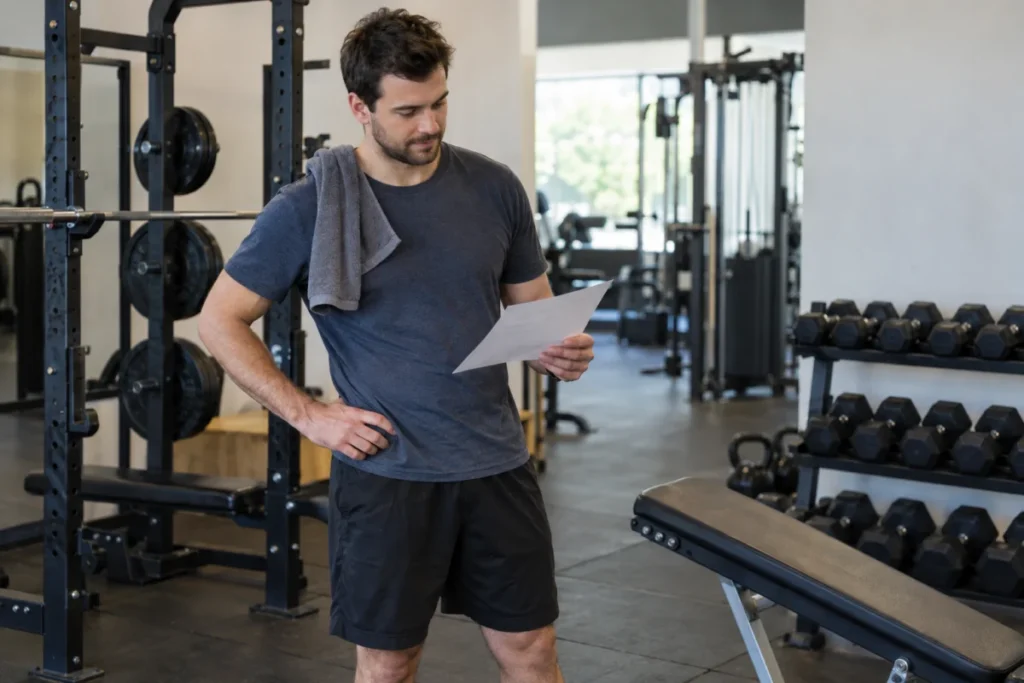 Una persona revisa su plan de entrenamiento entre varias estaciones de gimnasio; la escena es editorial y no representa una rutina prescrita.