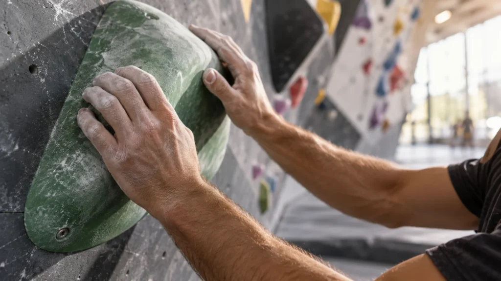 Ilustración de manos de escalador sobre una presa grande de rocódromo