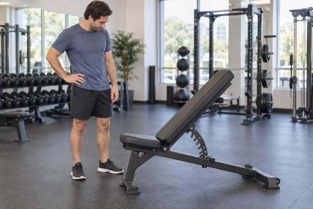Una persona mira el respaldo inclinado de una banca regulable vacía en un gimnasio; la imagen es ilustrativa, no muestra un modelo ni un ajuste recomendado.
