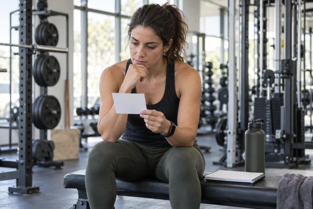 Deportista consulta una ficha de entrenamiento en blanco en un banco del gimnasio