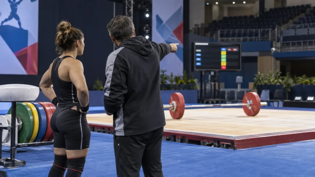 Una atleta y su entrenador observan la tarima y el panel de intentos de una competición de halterofilia