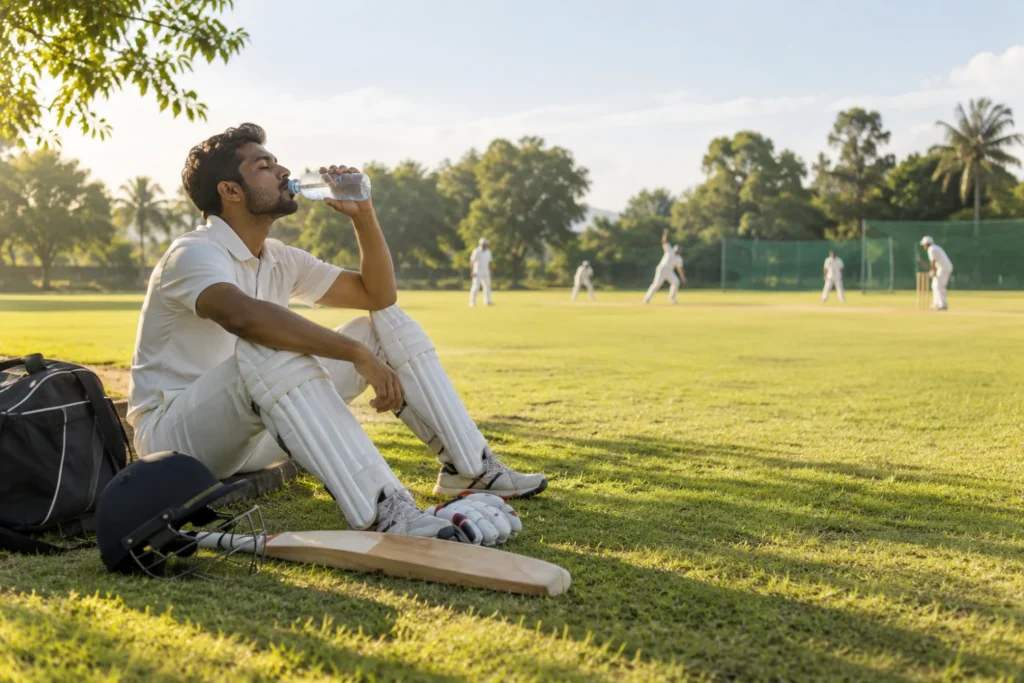 Ilustración de un jugador de cricket tomando agua durante una pausa