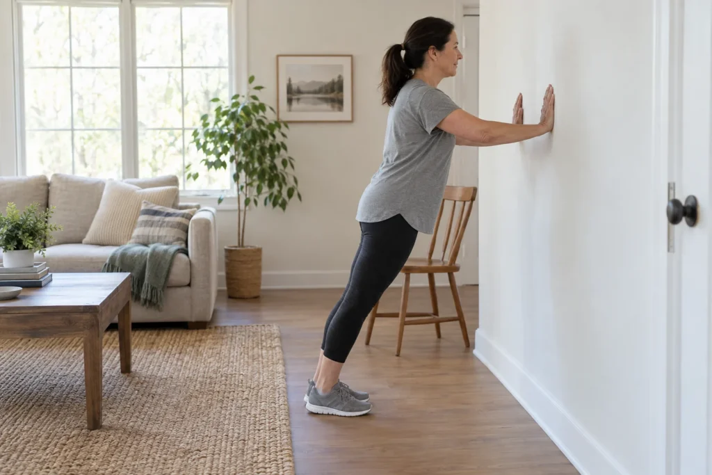 Mujer realiza flexiones contra una pared en el salón de su casa.