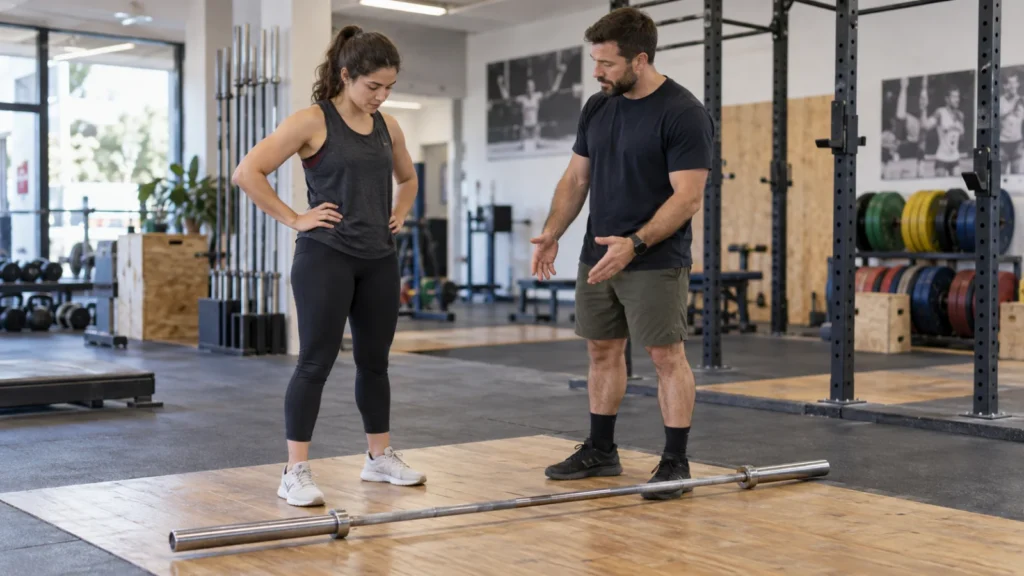 Una principiante conversa con su entrenador junto a una barra vacía en una plataforma de entrenamiento