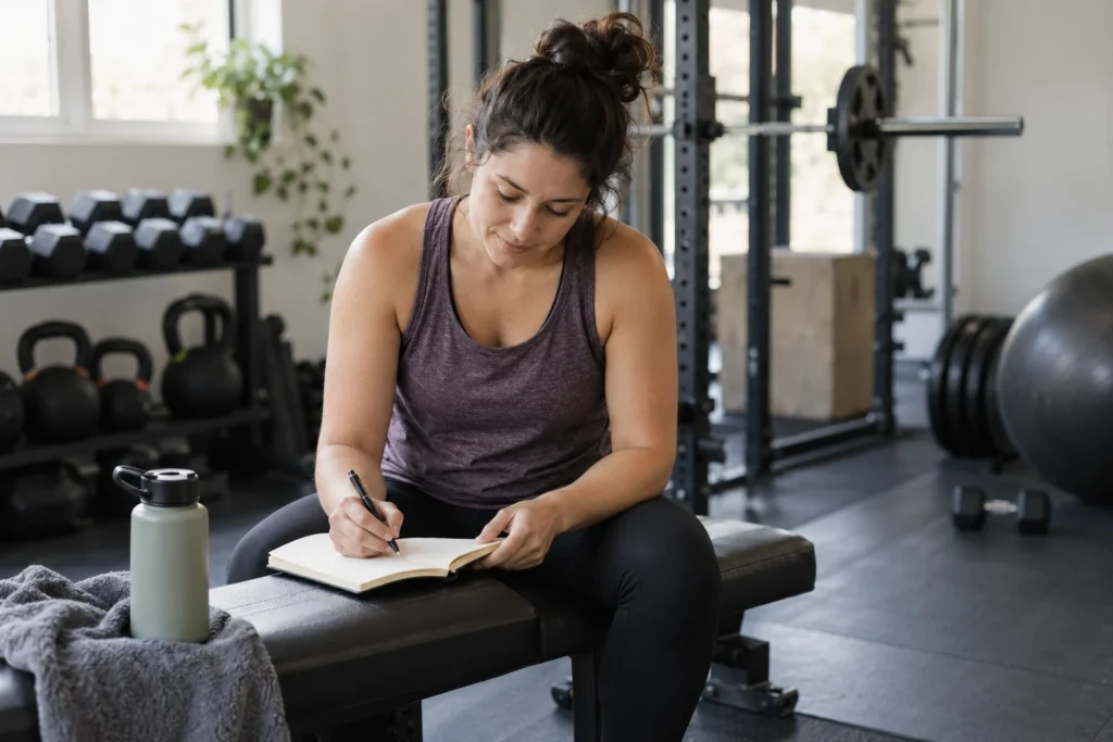 Una persona anota una reflexión en una libreta después de entrenar fuerza; no hay báscula a la vista.