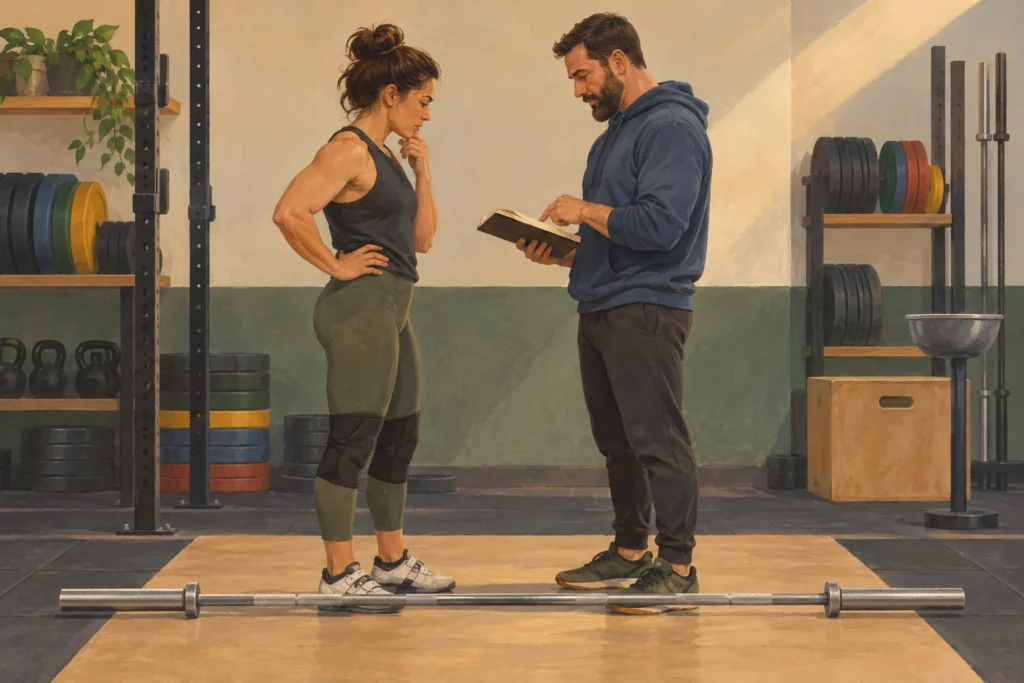 Una deportista y su entrenador revisan una libreta junto a una barra descargada en reposo