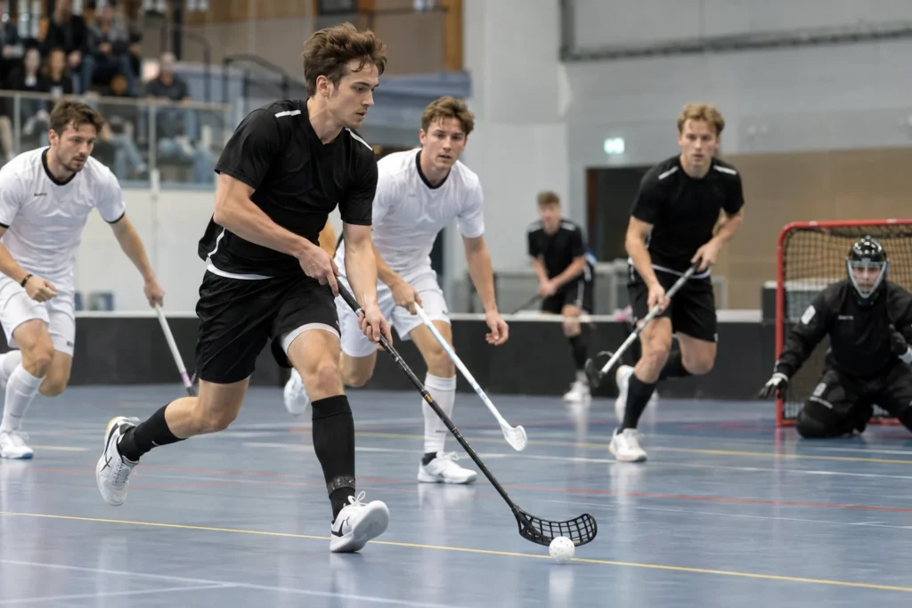 Jugador de floorball conduce la pelota perforada con su stick mientras rivales y portero se preparan en una pista con bandas.