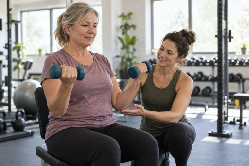 Mujer adulta aprende un ejercicio de fuerza con mancuernas ligeras.