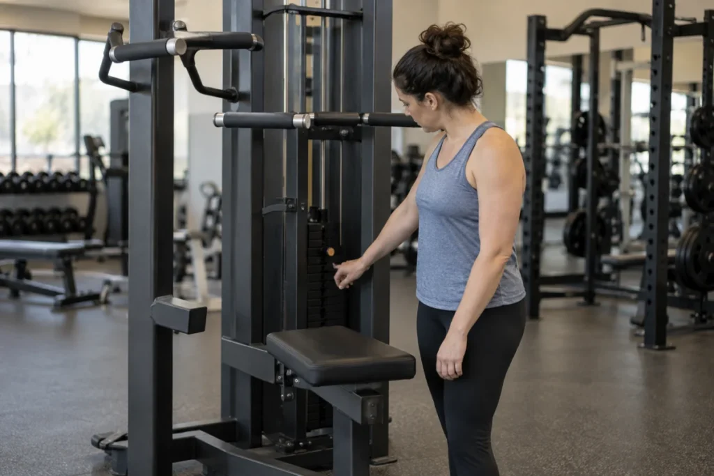 Una persona consulta el selector de una máquina asistida de dominadas y fondos en un gimnasio; la imagen es contextual y no representa un modelo concreto.