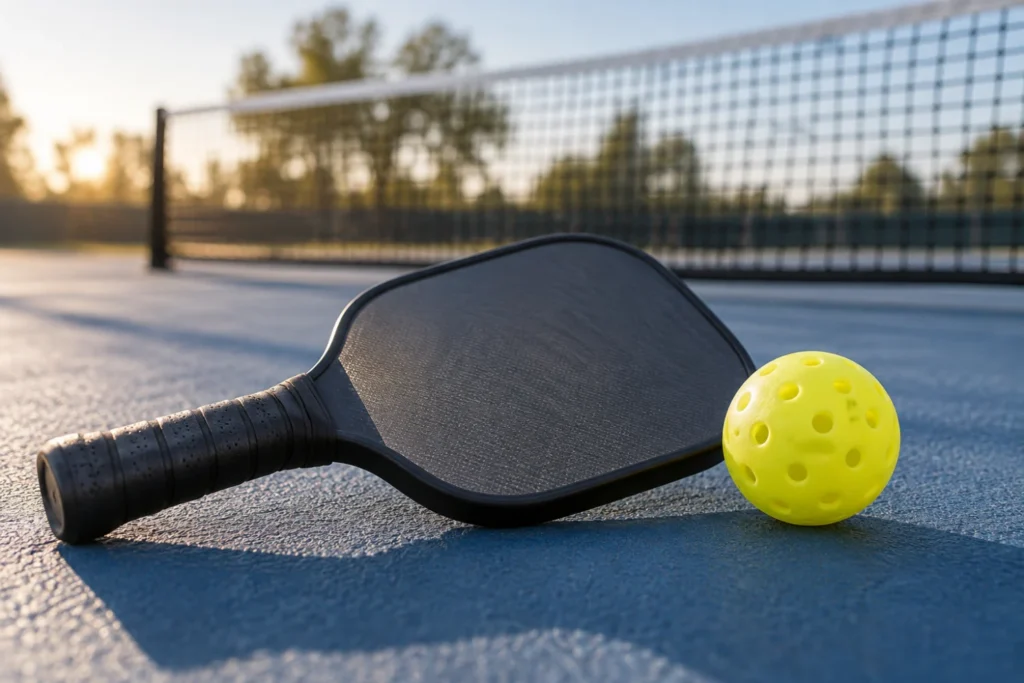 Pala de pickleball y pelota perforada sobre una superficie deportiva, con la red al fondo