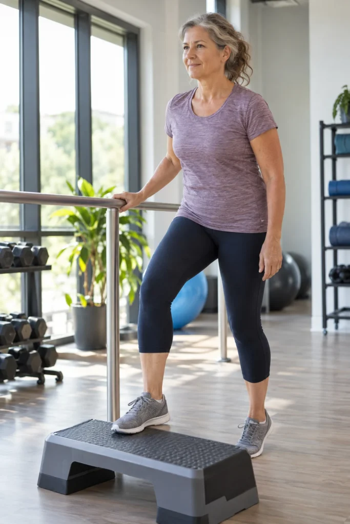 Mujer practica un step-up bajo con apoyo en una barra de gimnasio.