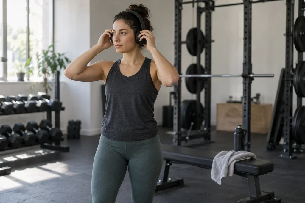 Persona adulta con auriculares en un gimnasio entre series; imagen editorial genérica, no representa a participantes ni sugiere una mejora de rendimiento.