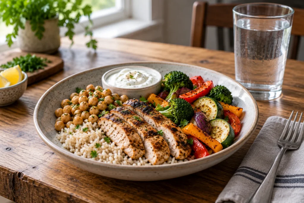 Ilustración de un plato de pollo, arroz, garbanzos y verduras