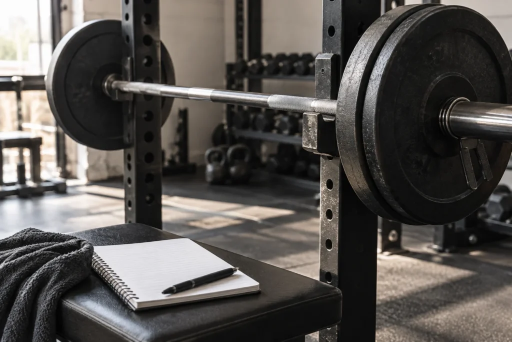 Ilustración de una barra con discos y un cuaderno de entrenamiento sin datos escritos