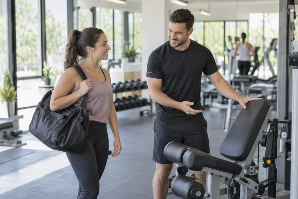 Persona adulta se familiariza con el espacio de un gimnasio.