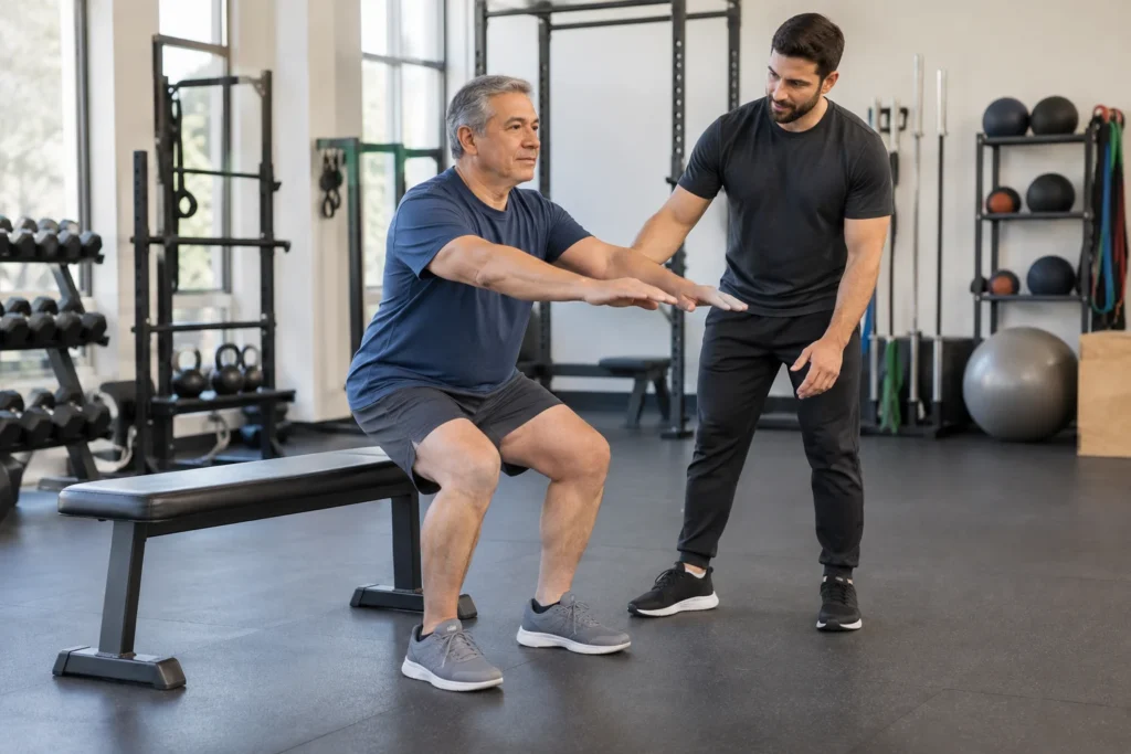 Dos personas practican ejercicios básicos de fuerza en el gimnasio.