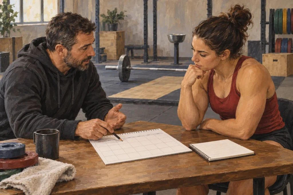 Un entrenador y una deportista revisan un calendario en una mesa del gimnasio; escena ilustrativa, no una prueba máxima