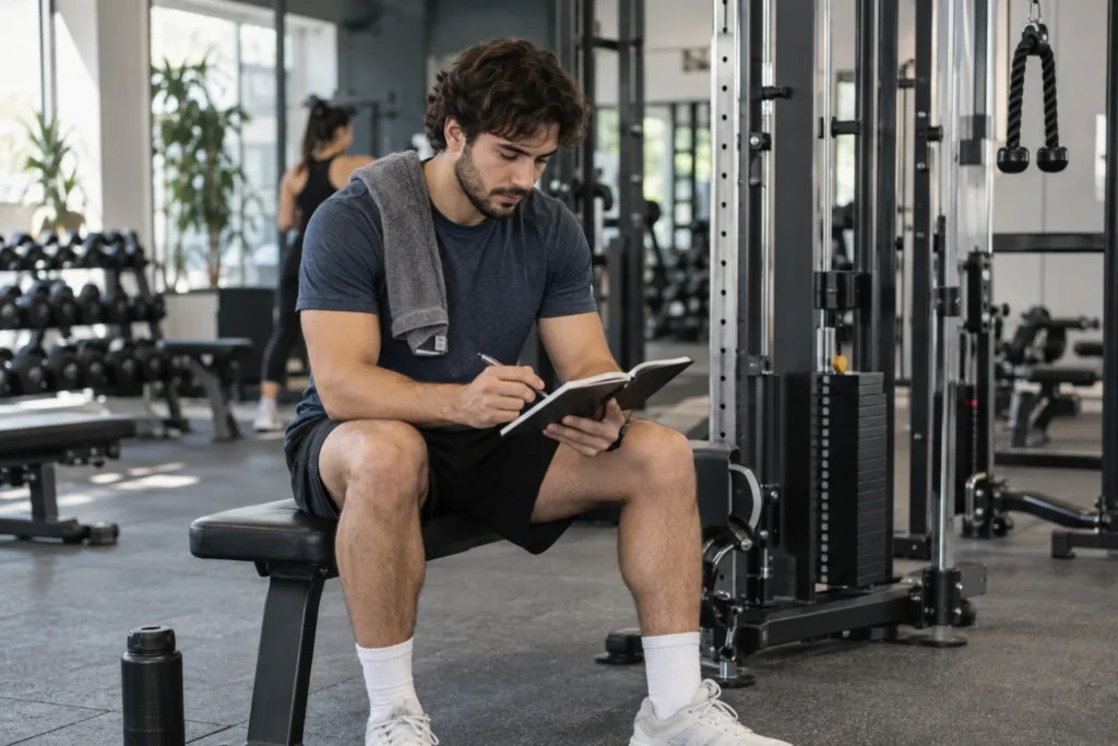 Una persona consulta su libreta junto a una estación de cable en un gimnasio; la escena no muestra un modelo ni una configuración de poleas concreta.