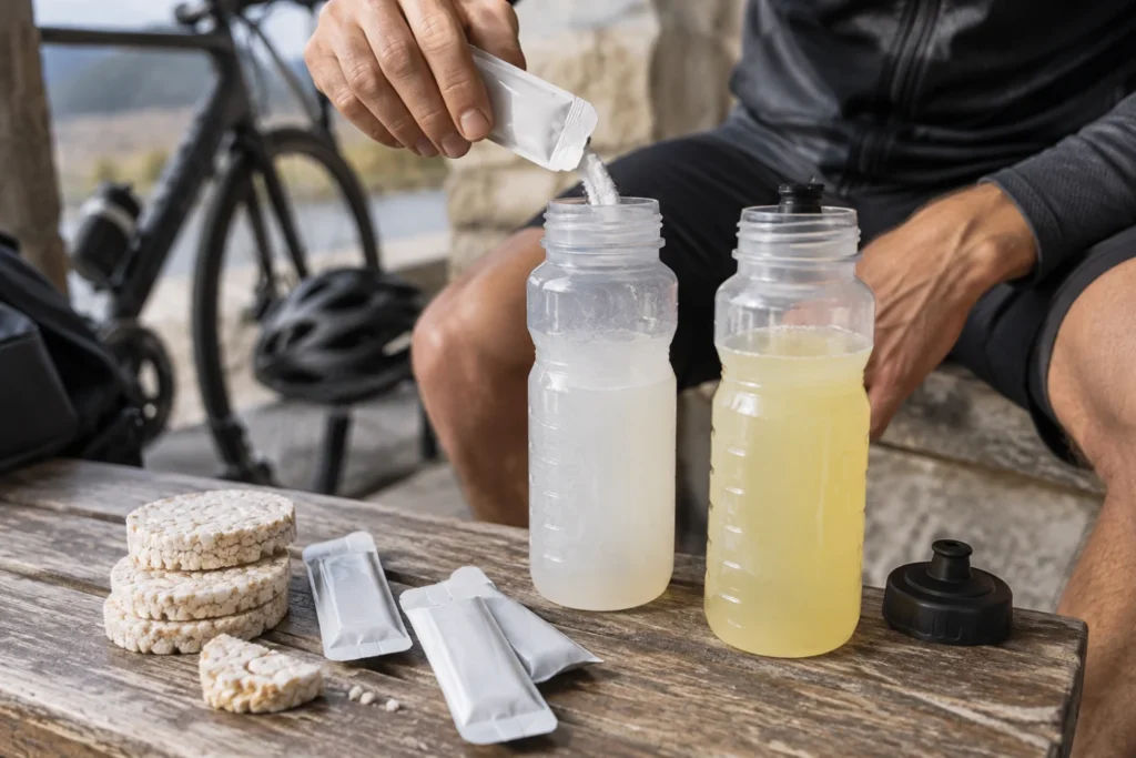 Preparación ilustrativa de bidones deportivos y alimentos ricos en carbohidratos