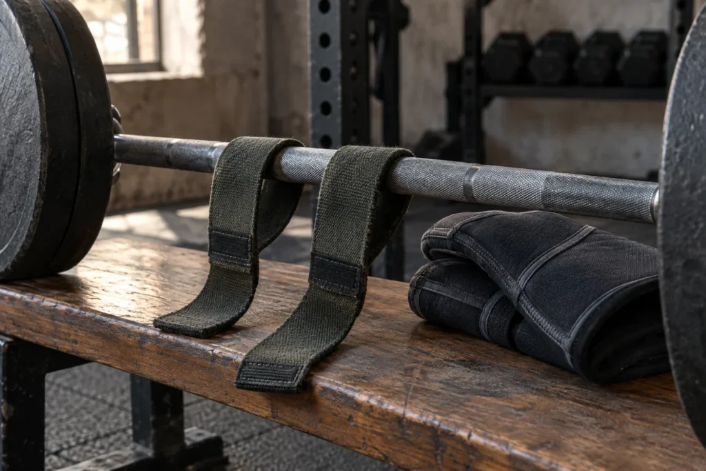 Straps colocados junto a una barra y rodilleras en un banco de gimnasio