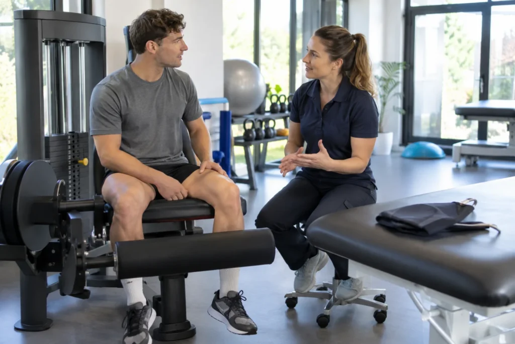 Deportista y fisioterapeuta ilustrativos conversando junto a material de ejercicio y un manguito desinflado
