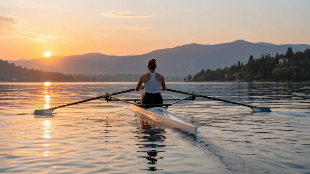 Ilustración de una deportista remando en una embarcación individual en un lago