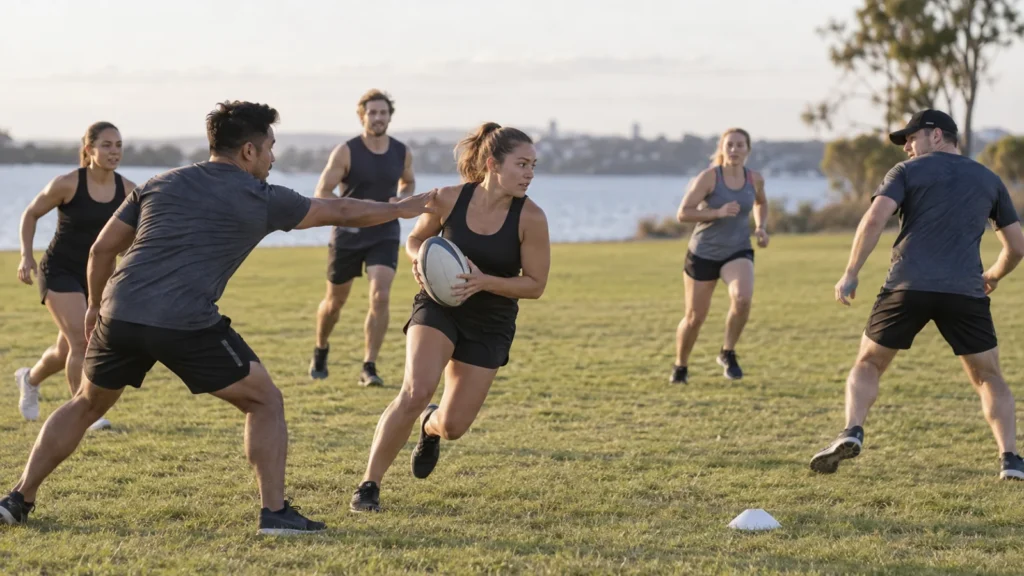 Jugadora de touch rugby lleva el balón mientras una rival la toca suavemente y el resto del equipo se posiciona para apoyar la jugada.
