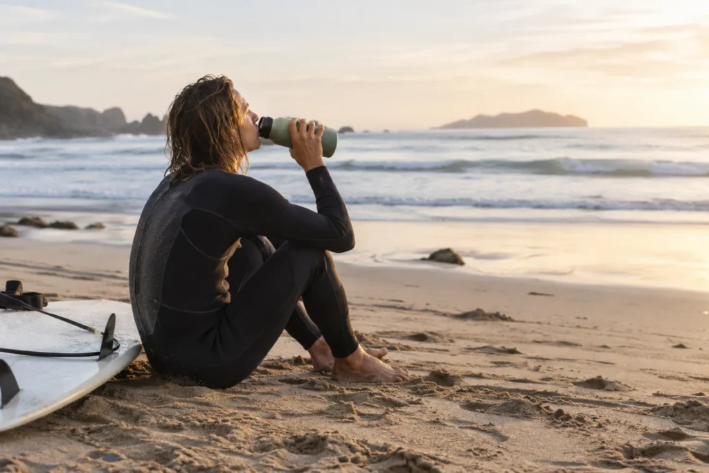 Ilustración de un surfista tomando agua en la playa junto a su tabla