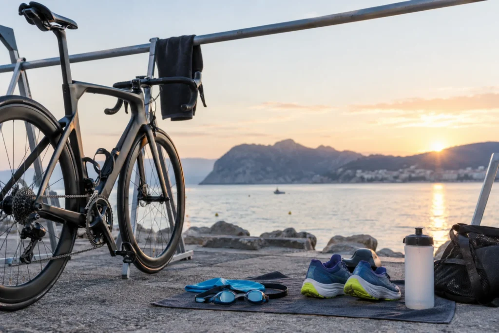 Ilustración de bicicleta, gafas de natación, zapatillas y bebida para triatlón