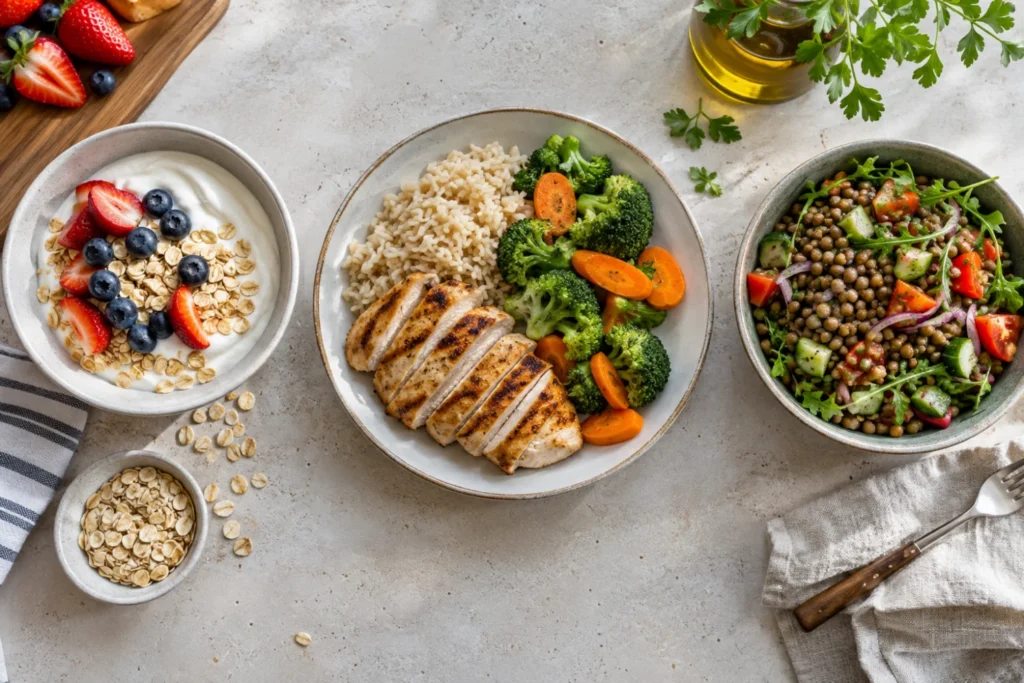 Tres platos con yogur, pollo y lentejas como ejemplos de alimentos que aportan proteína