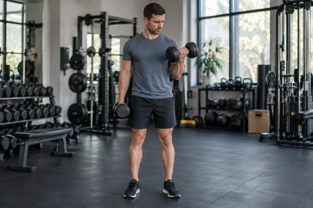 Persona realizando una repetición de curl con mancuernas en un gimnasio