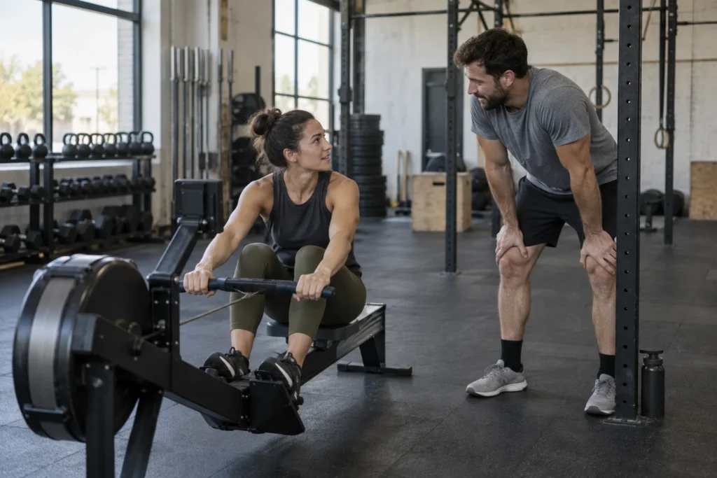 Dos compañeros junto a un ergómetro de remo en un gimnasio funcional.