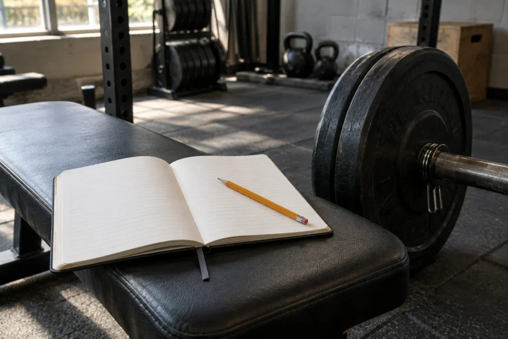 Libreta abierta y lápiz junto a una barra con discos en un gimnasio.