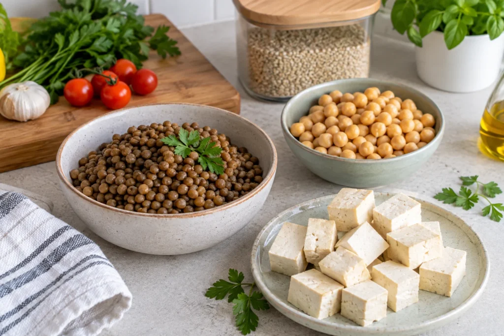 Lentejas, garbanzos y tofu dispuestos como ingredientes vegetales ricos en proteína.