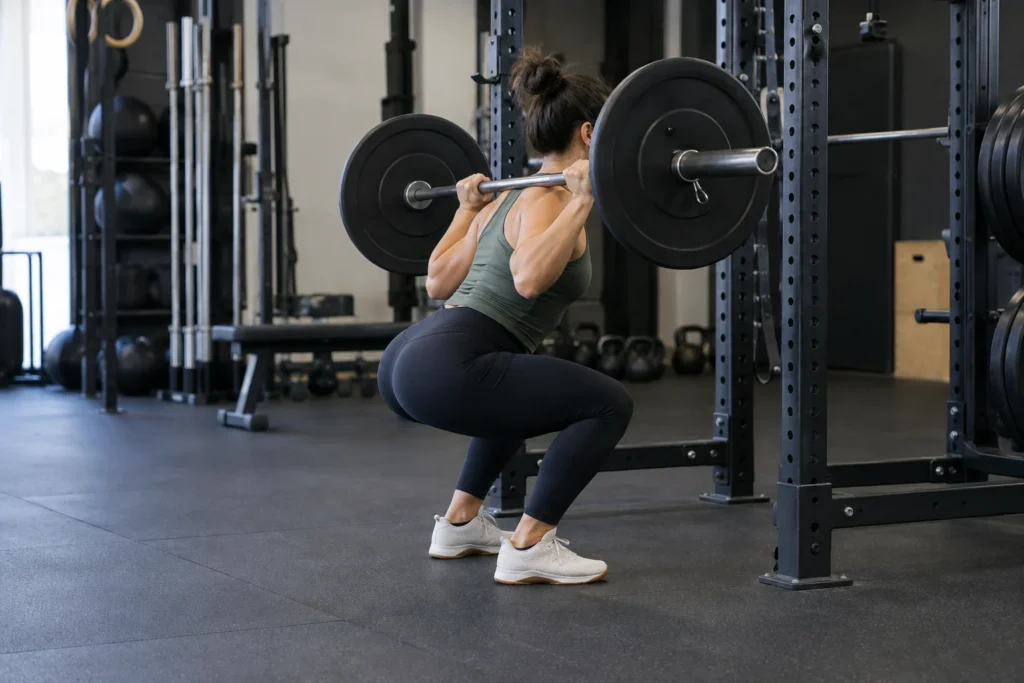 Deportista realizando una sentadilla controlada en un gimnasio, sin marcas visibles.