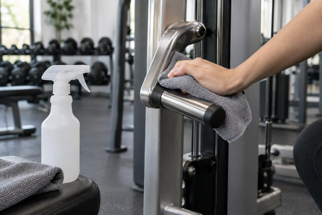 Una mano limpia un agarre metálico de gimnasio con un paño; hay un pulverizador neutro al lado.